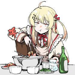 Rule 34 | 1girl, ahoge, blonde hair, bottle, chopsticks, cup, drinking glass, eating, food, fortissimo, full mouth, hair ornament, henriiku (ahemaru), highres, hololive, hololive dev is, jacket, long hair, musical note, musical note hair ornament, otonose kanade, red eyes, virtual youtuber, white background