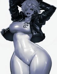 Rule 34 | 1girl, adjusting clothes, antennae, arms behind head, arms up, black jacket, bodysuit, breasts, eyelashes, gloves, greyscale, hair over one eye, jacket, kisuu, large breasts, legs, looking at viewer, monochrome, one piece, open mouth, shiny clothes, short hair, simple background, smile, solo, thick thighs, thighs, vegapunk lilith, wide hips