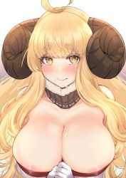 Rule 34 | 1girl, ahoge, akano yomi, anila (granblue fantasy), areola slip, bare shoulders, blonde hair, blunt bangs, blush, breasts, cleavage, closed mouth, collarbone, draph, eyebrows, gloves, granblue fantasy, highres, horns, large breasts, lips, long hair, looking at viewer, sheep horns, short eyebrows, simple background, solo, sweat, thick eyebrows, upper body, very long hair, white background, white gloves, yellow eyes