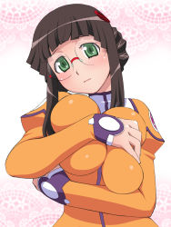 Rule 34 | 00s, 1girl, blush, breasts, breasts squeezed together, brown hair, elf k, fujisawa yayoi, glasses, green eyes, highres, huge breasts, long hair, looking at viewer, simple background, solo, standing, uchuu no stellvia
