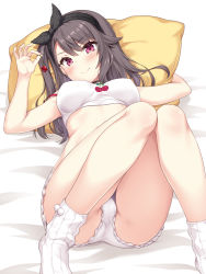 Rule 34 | 1girl, azur lane, bare legs, bed sheet, black hairband, black ribbon, blush, bra, breasts, brown hair, cherry, closed mouth, commentary request, food, fruit, hair ribbon, hairband, holding, holding food, holding fruit, knees up, long hair, looking at viewer, lying, medium breasts, official alternate costume, on back, on bed, one side up, pamiat merkuria (azur lane), pamiat merkuria (sweet cherry memories) (azur lane), pillow, purple eyes, ribbon, short shorts, shorts, smile, socks, solo, underwear, underwear only, white bra, white socks, yamasan