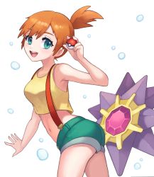 Rule 34 | 1girl, armpits, ass, asymmetrical hair, bare shoulders, breasts, creatures (company), denim, denim shorts, game freak, gen 1 pokemon, green eyes, hair tie, looking at viewer, looking to the side, midriff, mifu0418, misty (pokemon), navel, nintendo, open mouth, orange hair, pokemon, pokemon (anime), pokemon (classic anime), pokemon (creature), ponytail, shiny skin, shirt, short hair, short shorts, shorts, side ponytail, simple background, starmie, suspenders, tank top, yellow shirt, yellow tank top