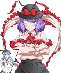 Rule 34 | 2girls, anger vein, bad id, bad nicoseiga id, blue eyes, blue hair, blush, bow, bowtie, breasts, capelet, crossed arms, e.o., female focus, food, frills, fruit, hand on own chest, hand on own hip, hat, hat ribbon, highres, hinanawi tenshi, hip focus, leaf, long hair, multiple girls, nagae iku, one eye closed, open mouth, peach, purple hair, ribbon, shawl, short hair, short sleeves, simple background, skirt, smile, touhou, white background, wink