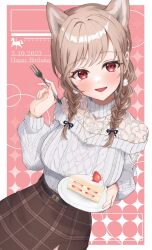 Rule 34 | 1girl, absurdres, animal ears, aran sweater, belt, black belt, border, braid, breasts, brown hair, brown skirt, cable knit, cake, cake slice, dated, earrings, food, fork, fruit, furen e lustario, happy birthday, highres, holding, holding fork, jewelry, large breasts, long hair, long sleeves, looking at viewer, nashina (nasinasinasi18), nijisanji, official alternate costume, open mouth, plaid, plaid skirt, plate, pom pom (clothes), pom pom earrings, red eyes, see-through, side slit, skirt, smile, solo, strawberry, strawberry shortcake, sweater, turtleneck, turtleneck sweater, twin braids, virtual youtuber, white border, white sweater, wolf ears