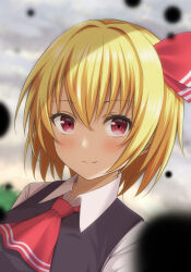 Rule 34 | 1girl, black dress, blonde hair, blush, bow, closed mouth, cloud, cloudy sky, commentary request, dress, dusk ball, eyelashes, hair between eyes, hair bow, highres, looking at viewer, neckerchief, poke ball, profile, red bow, red eyes, red neckerchief, rumia, shirt, short hair, sidelocks, sky, smile, solo, szl, touhou, white shirt, wing collar