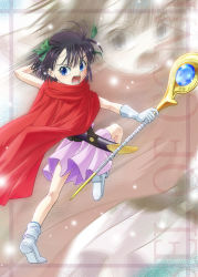 Rule 34 | 1girl, angry, black hair, blue eyes, cape, dragon quest, dragon quest v, dress, gloves, hero&#039;s daughter (dq5), md5 mismatch, open mouth, resolution mismatch, short hair, source larger, staff, sword, weapon, ykokzk, zoom layer