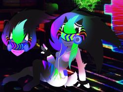 Rule 34 | 1girl, arcade, arcade (league of legends), rabbit, colored skin, cyber, dollachan, fingerless gloves, gloves, headphones, highres, kindred (league of legends), league of legends, multicolored hair, rainbow, tail, technology, white skin, wolf