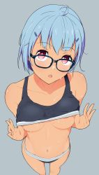 Rule 34 | 1girl, :o, ahoge, black-framed eyewear, blue hair, blush, breasts, clothes lift, collarbone, dark-skinned female, dark skin, feet out of frame, from above, glasses, grey background, hair ornament, hairclip, head tilt, hi iro, highres, lifting own clothes, looking at viewer, looking up, medium breasts, navel, open mouth, original, purple eyes, short hair, simple background, solo, sports bra, sports bra lift, standing, stomach, sweat, underboob