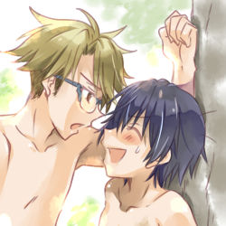 Rule 34 | 10s, 2boys, black hair, blonde hair, blush, darling in the franxx, closed eyes, face-to-face, facing another, glasses, gorou (darling in the franxx), hiro (darling in the franxx), kabedon, kodou mikoto, looking at another, male focus, multiple boys, short hair, sweat, topless male