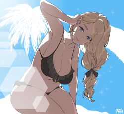 Rule 34 | 1girl, armpits, bikini, black bikini, blonde hair, blue eyes, breasts, cleavage, day, fire emblem, fire emblem: three houses, highres, large breasts, looking at viewer, mercedes von martritz, nintendo, outdoors, palm tree, r3dfive, sitting, solo, sparkle, swimsuit, thighs, tree