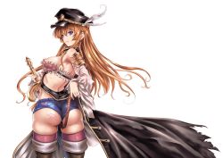 Rule 34 | 1girl, armpits, ass, ass tattoo, back, belt, blue eyes, boots, braid, breasts, brown hair, from behind, granblue fantasy, hat, heart, lecia (granblue fantasy), long hair, looking at viewer, looking back, medium breasts, nipple slip, nipples, pink thighhighs, short shorts, shorts, side braid, simple background, solo, sweat, sword, thigh boots, thighhighs, uguisu kagura, weapon, white background