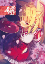 Rule 34 | 1girl, alcohol, animal ears, arm support, bare shoulders, blonde hair, blunt bangs, blush, bow, breasts, cherry blossoms, collarbone, cover, cover page, cup, detached sleeves, drinking, english text, flower, fox ears, fox girl, frilled bow, frilled skirt, frills, from above, hair bow, hakama, hakama short skirt, hakama skirt, half updo, high ponytail, highres, japanese clothes, jitome, kimono, large breasts, legs together, lipstick, long hair, long sleeves, looking at viewer, looking up, makeup, miko, multicolored clothes, multicolored kimono, nose blush, open mouth, original, outdoors, petals, pink flower, pleated skirt, ponytail, red bow, red eyes, red lips, red skirt, ribbon-trimmed sleeves, ribbon trim, sakazuki, sake, shade, sidelocks, sitting, skirt, solo, taut clothes, text focus, tree, tree shade, white kimono, wide sleeves, yasumo (kuusouorbital)