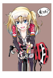 Rule 34 | 10s, 1girl, :d, bicycle, bicycle helmet, bike jersey, bike shorts, black leggings, blonde hair, blue eyes, blue hair, blush, breasts, breasts apart, brown background, check translation, collarbone, commentary request, cowboy shot, fang, fingerless gloves, giving, gloves, goggles, goggles on head, hair between eyes, unworn headwear, helmet, unworn helmet, holding, leggings, light blue hair, long hair, long riders!, long sleeves, looking at viewer, multicolored hair, muraji, open clothes, open mouth, riding, saijou hinako, shorts, shorts under skirt, sidelocks, simple background, skirt, small breasts, smile, solo, sweat, translated, translation request, twintails, two-tone hair