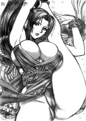 Rule 34 | 1girl, artist name, breasts, cameltoe, cleavage, commentary request, fatal fury, flexible, greyscale, japanese clothes, large breasts, leg up, lips, long hair, looking at viewer, monochrome, ninja, obi, panties, parted bangs, pelvic curtain, ponytail, revealing clothes, sash, shiranui mai, signature, simple background, skidrow, solo, split, standing, standing on one leg, standing split, the king of fighters, thighs, underwear
