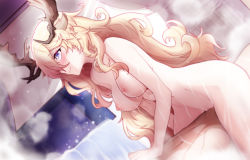 Rule 34 | 1boy, 1girl, absurdres, animal ears, antlers, arknights, blonde hair, blush, breasts, closed mouth, completely nude, cowgirl position, ddddecade, deer antlers, dutch angle, goat ears, goat girl, goat horns, hair over one eye, hand on another&#039;s stomach, hetero, highres, horns, indoors, large breasts, long hair, looking at another, nipples, nude, purple eyes, sex, smile, solo focus, spread legs, steam, straddling, very long hair, viviana (arknights), window