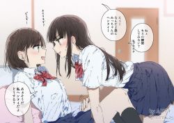 Rule 34 | 2girls, artist name, bed, bedroom, bent over, black hair, blush, bow, bowtie, brown eyes, brown hair, eye contact, green eyes, long hair, looking at another, multiple girls, muromaki, open mouth, original, school uniform, short hair, skirt, smile, socks, speech bubble, translated, yuri