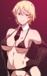 Rule 34 | 1girl, bikini, black bikini, black gloves, blonde hair, blush, breasts, brown eyes, character request, detached collar, earrings, elbow gloves, em (totsuzen no hakike), female pubic hair, garter belt, gloves, gradient background, grin, hair ornament, hands up, jewelry, looking at viewer, necktie, noble witches, pubic hair, short hair, smile, solo, strike witches, swimsuit, world witches series