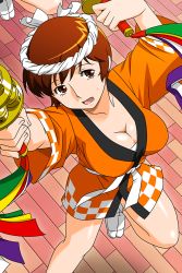 Rule 34 | 1girl, arms up, breasts, brown eyes, brown hair, cleavage, from above, large breasts, official art, open mouth, short hair, short sleeves, solo, standing, super real mahjong, sweatdrop, tabi, tanaka ryou, toyohara etsuko, wooden floor
