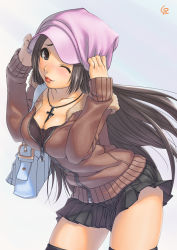 Rule 34 | 1girl, :p, ;p, adjusting clothes, adjusting headwear, bad id, bad pixiv id, bag, black hair, black thighhighs, blush, breasts, cleavage, cross, hat, jewelry, large breasts, long hair, miniskirt, mole, mole on breast, necklace, one eye closed, original, piro (artist), piro (orip), skirt, solo, thighhighs, tongue, tongue out, unzipped, wink