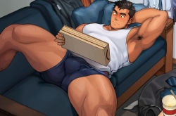 Rule 34 | 1boy, arm behind head, armpit hair, armpits, ass, bara, black eyes, black hair, blue shorts, blush, bulge, couch, facial hair, feet out of frame, highres, large pectorals, leg hair, lying, male focus, muscular, muscular male, on back, on couch, original, paid reward available, pectorals, paid reward available, short hair, shorts, solo, spiked hair, spread legs, stubble, tank top, tarutoru, thick eyebrows, thick thighs, thighs, undercut, white tank top