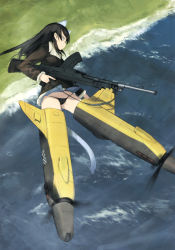 Rule 34 | 1girl, absurdres, adolfine galland, animal ears, black hair, black panties, blue eyes, bomber jacket, cat ears, cat tail, character name, flying, gun, highres, holding, jacket, long hair, long sleeves, machine gun, military, military uniform, non-web source, official art, panties, shimada fumikane, solo, striker unit, tail, underwear, uniform, water, weapon, world witches series