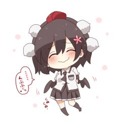 Rule 34 | 1girl, ^ ^, black hair, black skirt, blush, chibi, closed eyes, closed mouth, collared shirt, commentary request, facing viewer, flower, full body, hair between eyes, hair flower, hair ornament, hat, head tilt, mini hat, no shoes, pink flower, pleated skirt, puffy short sleeves, puffy sleeves, red hat, shameimaru aya, shirt, short sleeves, simple background, skirt, socks, solo, standing, tokin hat, totoharu (kujirai minato), touhou, translation request, wavy mouth, white background, white shirt