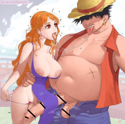 Rule 34 | 1boy, 1girl, alternate costume, alternate universe, black hair, breasts, cleft of venus, demalo black, dress, fat, fat man, french kiss, hat, hetero, imminent penetration, kiss, large breasts, long hair, looking at another, nami (one piece), nami (one piece) (post-timeskip), nami (one piece) (zou), official alternate costume, one piece, open mouth, orange hair, panties around leg, puri (wettypeach), revealing clothes, saliva, short dress, straw hat, sweat, tongue, tongue out, trembling, ugly man, undressing, very long hair, wide hips