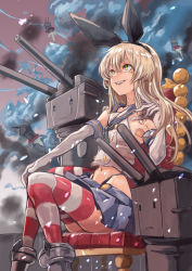 Rule 34 | 1girl, bare shoulders, black hairband, black ribbon, blonde hair, blue skirt, buttons, chair, cloud, commentary request, crop top, elbow gloves, gloves, green eyes, grin, hair ribbon, hairband, highleg, highleg panties, highres, kantai collection, microskirt, navel, panties, rensouhou-chan, ribbon, sailor collar, sharp teeth, shimakaze (kancolle), sitting, skirt, smile, solo, striped clothes, striped thighhighs, teeth, thighhighs, underwear, uno (union), white gloves