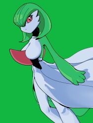 Rule 34 | 1girl, absurdres, arm at side, bob cut, breasts, closed mouth, colored skin, creatures (company), dutch angle, expressionless, female focus, game freak, gardevoir, gen 3 pokemon, green background, green hair, green skin, green theme, hair over one eye, highres, large breasts, looking at viewer, metzsa, multicolored skin, nintendo, no nipples, one eye covered, pokemon, pokemon (creature), red eyes, short hair, simple background, solo, standing, two-tone skin, white skin