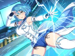 Rule 34 | 1girl, armpits, bare shoulders, blue hair, blue shorts, blush, bob cut, breasts, coattails, commentary, cosplay, crossover, dead or alive, dead or alive 6, detached sleeves, electricity, electrokinesis, english commentary, fingerless gloves, glasses, gloves, gluteal fold, green eyes, hair between eyes, hair ornament, hairclip, hazard stripes, imu (senran kagura), indoors, jewelry, large breasts, long coat, looking at viewer, name tag, nico (doa), nico (doa) (cosplay), official art, open mouth, rimless eyewear, ring, senran kagura, senran kagura new link, senran kagura shinovi versus, shiny skin, shirt, short hair, shorts, smile, solo, thighhighs, white shirt, white sleeves, white thighhighs, yaegashi nan