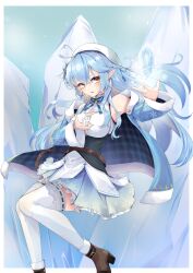Rule 34 | 1girl, absurdres, ahoge, blue hair, blue ribbon, hat, heart, heart ahoge, highres, hololive, ice, long hair, ribbon, solo, thighhighs, virtual youtuber, white hat, white thighhighs, yellow eyes, yukihana lamy, zooanime