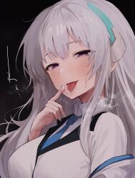 Rule 34 | 1girl, black background, blue archive, blue hair, blue necktie, blush, breasts, coat, collared shirt, commentary, dio nand, finger to mouth, hair between eyes, headgear, heavy breathing, highres, index finger raised, lapels, large breasts, light blue hair, long hair, looking at viewer, naughty face, necktie, noa (blue archive), purple eyes, saliva, saliva on hand, saliva trail, shirt, simple background, tongue, tongue out, upper body, white coat, white shirt