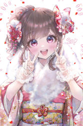 Rule 34 | 1girl, :d, absurdres, bloom, blurry, blush, bow, brown hair, depth of field, double bun, double v, eyelashes, floral print, fur scarf, gloves, hair bow, hair bun, highres, japanese clothes, kimono, looking at viewer, obi, onene, open mouth, original, pink eyes, pink kimono, red bow, sash, see-through, sidelocks, simple background, sleeves past elbows, smile, solo, swept bangs, teeth, tongue, upper body, v, white background, white gloves, wide sleeves