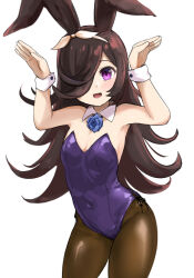 Rule 34 | 1girl, alternate costume, alternate ears, animal ears, bare shoulders, blue flower, blue rose, bow hairband, breasts, brown hair, brown pantyhose, covered navel, cowboy shot, detached collar, flower, groin, hair over one eye, hairband, hands up, leotard, long hair, open mouth, pantyhose, purple eyes, purple leotard, rabbit ears, rabbit pose, rice shower (umamusume), rose, small breasts, smile, solo, tenten (chan4545), umamusume, wrist cuffs