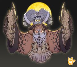 Rule 34 | 10s, animal, animal focus, bird, black background, clothed animal, coat, eurasian eagle owl, eurasian eagle owl (kemono friends), full body, full moon, glowing, glowing eyes, japari symbol, kemono friends, kemonomichi (blue black), looking at viewer, moon, no humans, northern white-faced owl, northern white-faced owl (kemono friends), orange eyes, owl, spread wings, yellow eyes