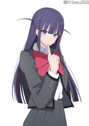 Rule 34 | 1girl, arm at side, blue eyes, blunt bangs, blunt ends, blush, bow, bowtie, buttoned cuffs, buttons, closed mouth, collared shirt, commentary, cowboy shot, finger to own chin, fingernails, grey jacket, grey skirt, hand up, highres, jacket, long hair, long sleeves, looking at viewer, open clothes, open jacket, pleated skirt, purple hair, red bow, red bowtie, school uniform, seishou music academy uniform, shirt, shirt tucked in, shoujo kageki revue starlight, sidelocks, simple background, skirt, smile, solo, standing, tsuyuzaki mahiru, twitter username, two side up, white background, white shirt, wuwuwu (kriswu555)