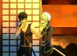 Rule 34 | 00s, 2boys, cigarette, gintama, hijikata toushirou, katana, male focus, multiple boys, sakata gintoki, sword, weapon