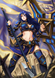 Rule 34 | 1girl, armor, blue eyes, blue hair, boomerang, breasts, cleavage, forehead protector, highres, huge weapon, kote (tures), league of legends, long hair, matching hair/eyes, medium breasts, midriff, navel, parted lips, polearm, sivir, solo, spear, weapon