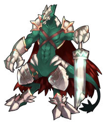 Rule 34 | 1boy, armor, cape, chest strap, closed mouth, commentary request, dragon, emon-yu, ferus (ragnarok online), full body, furrification, furry, furry male, gauntlets, holding, holding sword, holding weapon, leg armor, looking afar, looking to the side, male focus, pauldrons, ragnarok online, red cape, rune knight (ragnarok online), shoulder armor, simple background, solo, spiked pauldrons, standing, sword, weapon, white background
