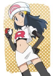 Rule 34 | 1girl, alternate costume, beanie, black gloves, black hair, boots, border, closed mouth, commentary request, cosplay, creatures (company), cropped jacket, dawn (pokemon), elbow gloves, eyelashes, game freak, gloves, grey eyes, hainchu, hair ornament, hairclip, hand on own hip, hat, highres, holding, holding poke ball, jacket, jessie (pokemon), jessie (pokemon) (cosplay), logo, long hair, looking at viewer, navel, nintendo, poke ball, poke ball (basic), pokemon, pokemon (anime), pokemon dppt (anime), polka dot, polka dot background, sidelocks, skirt, smile, solo, team rocket, team rocket uniform, thigh boots, white border, white hat, white jacket, white skirt