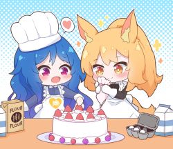 Rule 34 | 2girls, animal ears, apron, arknights, black bow, black dress, blonde hair, blue hair, blue shirt, blush, bow, brown eyes, cake, chef hat, closed mouth, collared dress, collared shirt, commentary, commission, dress, egg, egg carton, english commentary, food, fruit, gloves, gradient hair, halftone, halftone background, hat, heart, high ponytail, horse ears, horse girl, horse tail, kurotofu, long hair, long sleeves, milk carton, multicolored hair, multiple girls, nearl (arknights), original, pastry bag, ponytail, purple eyes, shirt, smile, spoken heart, strawberry, tail, very long hair, white apron, white gloves, white headwear