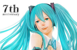 Rule 34 | 1girl, anniversary, aqua eyes, aqua hair, aqua nails, bad id, bad pixiv id, detached sleeves, eyelashes, facing viewer, hair ornament, hand on own chest, hatsune miku, lips, looking away, looking to the side, nail polish, necktie, nose, ochiai (ocai), open mouth, portrait, realistic, simple background, smile, solo, twintails, vocaloid, white background