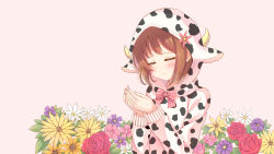 Rule 34 | 1girl, animal ears, animal print, blush, bow, brown background, brown hair, closed mouth, commentary request, cow ears, cow hood, cow horns, cow print, closed eyes, fingernails, flower, hair flower, hair ornament, hands up, highres, hood, hoodie, horns, long sleeves, makiaato, nail polish, original, pink bow, pink flower, pink nails, purple flower, red flower, red rose, rose, simple background, smile, solo, striped, striped bow, white flower, yellow flower