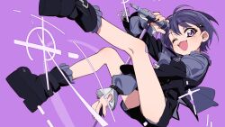 Rule 34 | 1girl, ;3, arm between legs, arm up, bandaid, bandaid on knee, bandaid on leg, black footwear, black nails, black shorts, boots, dynamic pose, fangs, floating, from below, full body, hair ornament, highres, holding, holding microphone, knee up, leg up, long sleeves, looking at viewer, mew garcia, microphone, nail polish, one eye closed, open mouth, platform boots, platform footwear, puffy long sleeves, puffy sleeves, purple background, purple eyes, purple hair, satou asuka, short hair, shorts, solo, three quarter view, vee (vtuber)