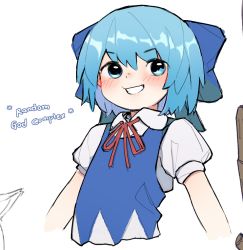 Rule 34 | 1girl, bad id, bad twitter id, blue dress, blue eyes, blue hair, cirno, collared shirt, commentary, dress, english commentary, english text, grin, kpe934k0s282b2, puffy short sleeves, puffy sleeves, shirt, short hair, short sleeves, simple background, smile, touhou, white background, white shirt