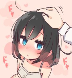 Rule 34 | 1girl, @ @, aqua eyes, bare shoulders, black hair, blush, borrowed character, breath, collarbone, commentary request, dress, ear blush, eyes visible through hair, headpat, heart, heartbeat, layla (mino), long sleeves, looking at viewer, medium hair, messy hair, nose blush, original, out of frame, parted lips, pink background, solo focus, sound effects, spaghetti strap, sweat, triangle mouth, upper body, white dress, yoru nai