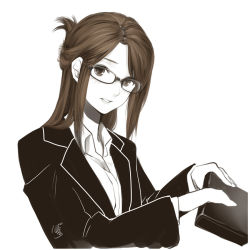 Rule 34 | 1girl, bad id, bad pixiv id, bag, blush, brown hair, business suit, dress shirt, folded ponytail, formal, glasses, hair up, handbag, holding, long hair, monochrome, office lady, original, poaro, shirt, signature, solo, spot color, suit, white background