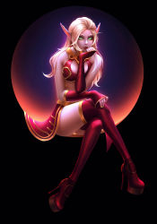 Rule 34 | 1girl, absurdres, alisa nilsen, bikini, blonde hair, blood elf (warcraft), closed mouth, commission, crossed legs, ear piercing, fingernails, hair slicked back, hand up, high heels, highres, lipstick, long eyebrows, long hair, looking at viewer, makeup, melisandra (warcraft), nail polish, piercing, pointy ears, red bikini, red footwear, red lips, red thighhighs, sitting, smile, solo, swimsuit, thighhighs, waist cape, warcraft, world of warcraft, yellow nails