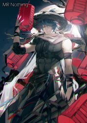 Rule 34 | 1boy, absurdres, arknights, backlighting, bare pectorals, black shirt, blue hair, covered abs, facial hair, feet out of frame, goatee, hair over one eye, hat, highres, holding, ikag, looking at viewer, male focus, moonlight, mr. nothing (arknights), mr. nothing (pale rising moon) (arknights), official alternate costume, pectorals, red hair, shirt, short hair, sleeveless, sleeveless shirt, smile, solo, toned, toned male