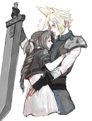 Rule 34 | 1boy, 1girl, aerith gainsborough, armor, bandaged arm, bandages, belt, blonde hair, blue shirt, bodyguard, bracelet, braid, brown hair, buster sword, cloud strife, cropped jacket, dress, earrings, final fantasy, final fantasy vii, final fantasy vii remake, fingerless gloves, gloves, hair between eyes, hair ribbon, highres, holding, holding sword, holding weapon, jewelry, knowelspole, long hair, muted color, pants, parted bangs, pink dress, ribbon, shirt, short hair, shoulder armor, single earring, sleeveless, sleeveless turtleneck, spiked hair, square enix, suspenders, sword, turtleneck, upper body, weapon, white background